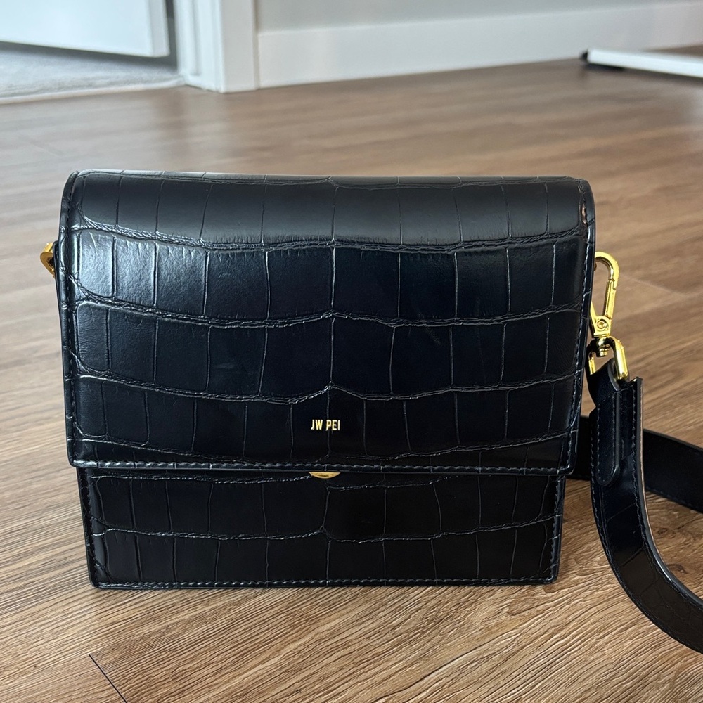 JW PEI Black Croc Embossed Shoulder Bag